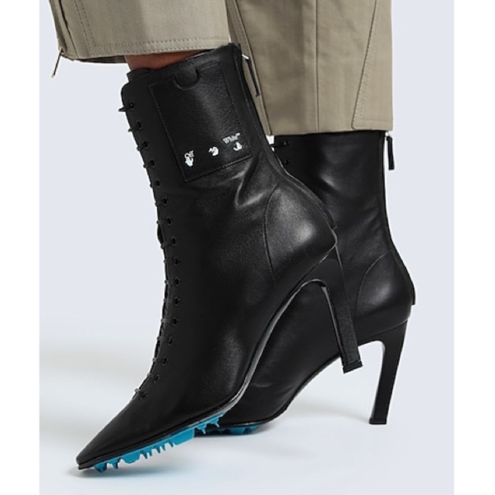 OFF-WHITE Leather Lace Up Card Holder Logo Heeled Ankle Boot Black Streetwear 36